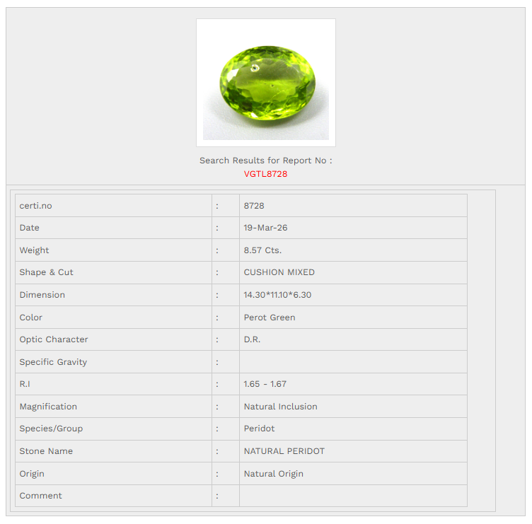 Natural Certified Peridot 8.57 Carat