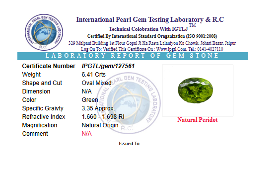 Natural Certified Peridot 6.41 Carat